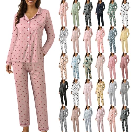 peiaclkde Womens Pyjamas Set 2 Piece Winter Pjs Women Button Up Pyjamas For Women Long Sleeve Pyjama Pullover Top And Wide Leg Trousers Matching Christmas Pyjama Comfortable Sleepwear Loungewear