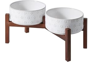 SPUNKYJUNKY Ceramic Dog Bowls with Acacia Wood Stand Raised Food and Water Bowl for Small Medium Sized Dog (18.5cm)