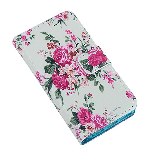 RAYTOP Pictorial Pink Flowers Rose PU Leather Wallet Case with Kickstand Silcone Cover for Apple iPhone 5 5s Women Teen Girls Floral Prints Elegant Classic Classy Chic Cute Romantic Gift Slim Sleek