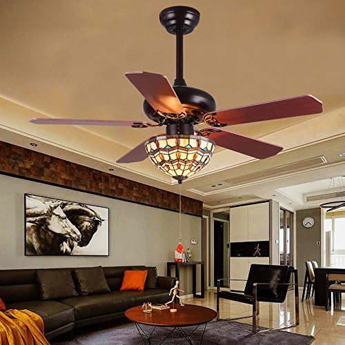LuxureFan Retro Classic Ceiling Fan Tiffany Style Light Cover Handmade with 5 Wood Leaves Finished by Mahogany and have Reverse Function Elegant for Decoration Home Restaurant Pull Chain (52Inch)