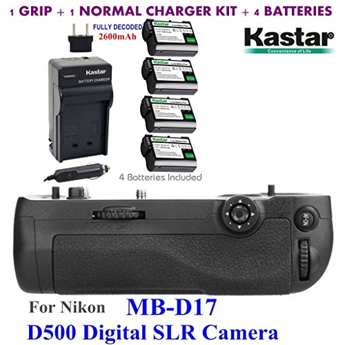 Kastar Pro Multi-Power Vertical Battery Grip (Replacement for MB-D17) + 4 Pack EN-EL15 Replacement Batteries + Charger Kit for Nikon D500 Digital SLR Camera