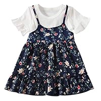 LiLiMeng Toddler Baby Kids Girls Fly Sleeve Ruched Floral Flowers Print Dresses Clothes Navy