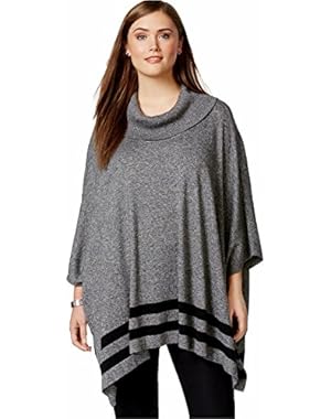 Plus Size Cowlneck Stripe-Hem Poncho Size 0X/1X