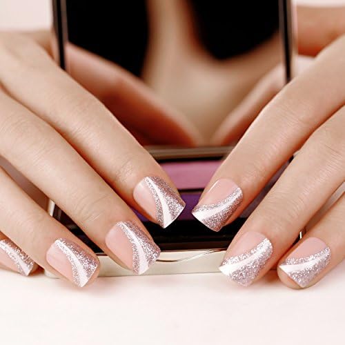 ArtPlus 24pcs x 4 (4-Pack) Saturn Silver with Crystals Elegant Touch False Nails Medium with Glue Fake Nails Kit