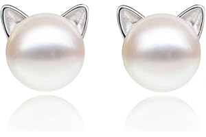 S.Leaf Cat Earrings Pearl Earrings Sterling Silver Earrings for Women Cat Memorial Gifts Cat Gifts for Cat Lovers Cat Jewelry for Women