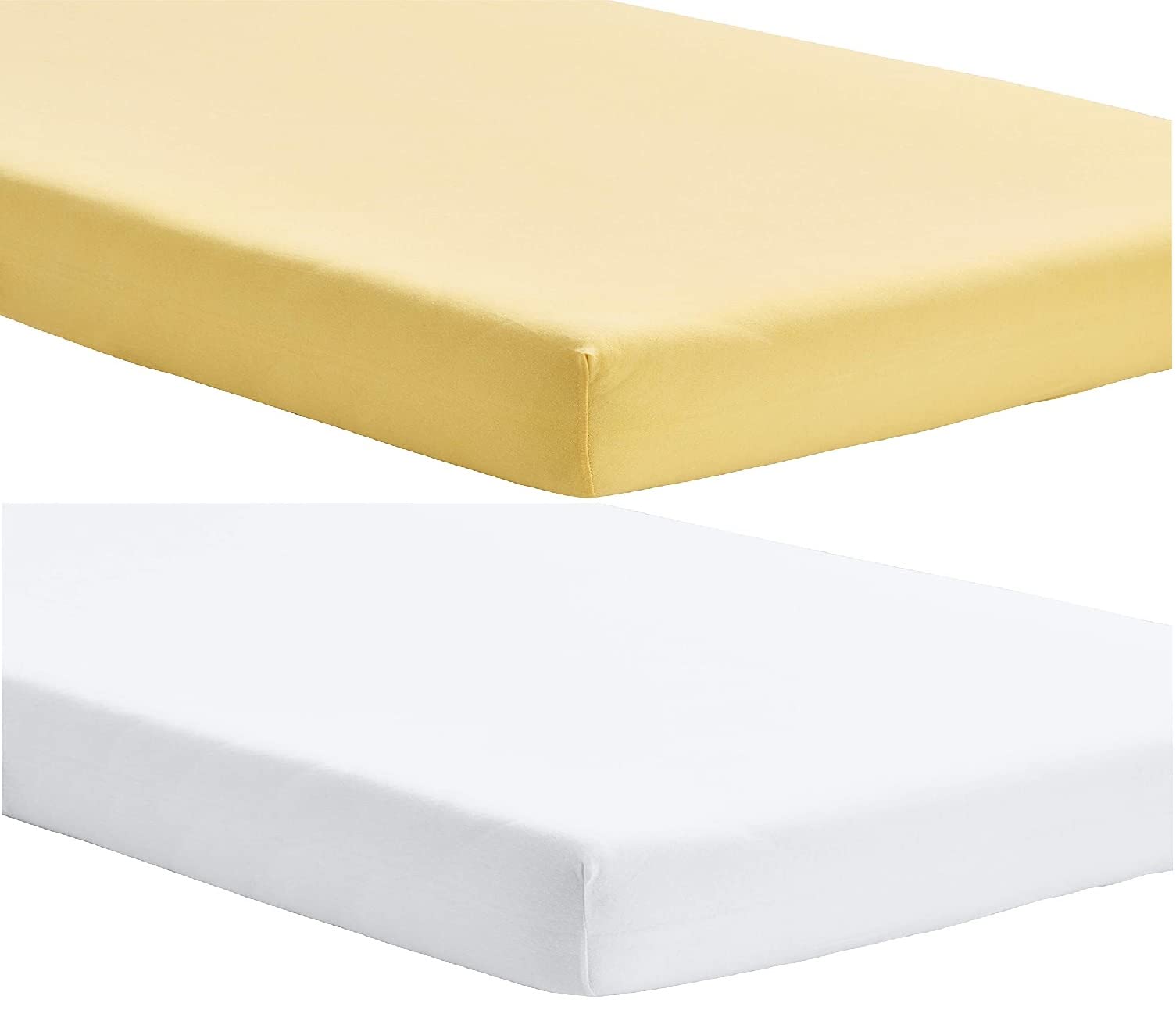 Dudu N Girlie Cotton Travel Cot Sheets Fitted | Travel Fitted Sheet 95x65 | Jersey Soft Bedsheet Hypoallergenic Elasticated Breathable Fitted Cot Sheets (Pack of 2, White & Yellow)