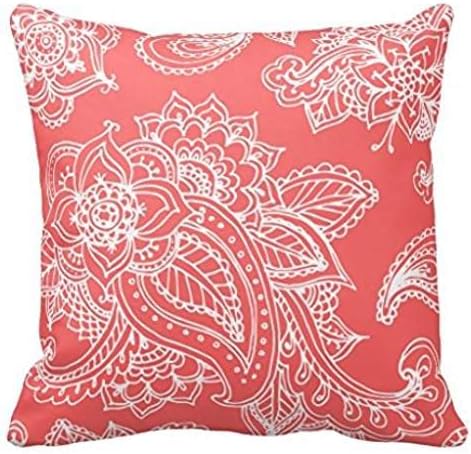 Coral Illustrated Bohemian Paisley Henna Throw Pillow Case 18" 18"