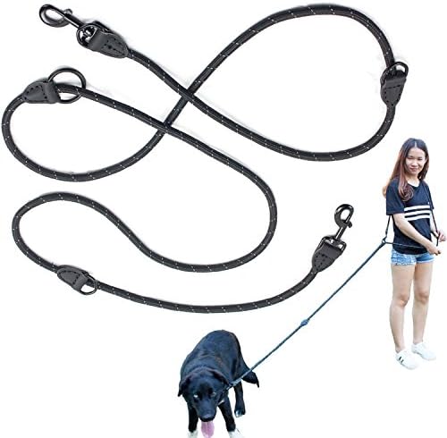 Mountain Climbing Black Rope Reflective 6-Way Multi-functional Adjustable Dog Leash 9.5ft Length Double Clips Dog Lead