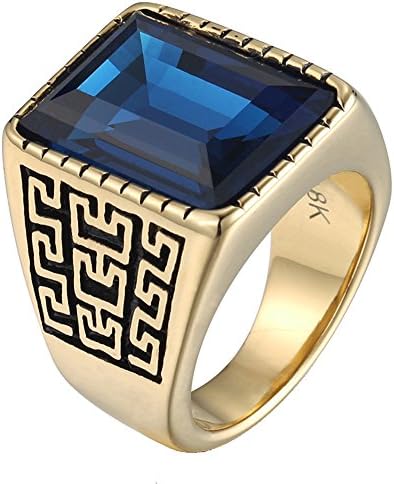 Jewelry Men's 18K Stainless Steel Cz Ring Vintage Large Charming Gemstone Band Size 11 Blue