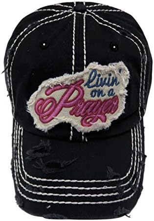 Spirit Caps Embroidered Livin' on a Prayer Patch Vintage Baseball Cap Hat Headwear (Washed Black)