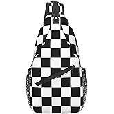 QISENTIS Checkered Sling Bag for Women Crossbody Bag Checkerboard with Black and White Squares Sling Backpack for Men Abstract Geometric Pattern Shoulder Bag Gym Sports Travel Hiking Daypack