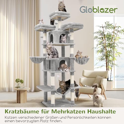 Globlazer Scratching Post Large High 204 cm with 3 Padded Perches, 2 Cat House, 2 Baskets, Hammock, Luxury Cat Tree, Stable for 3-5 Adults, Cat, Rest, Play, Scratching Indoor (F80, Light Grey)