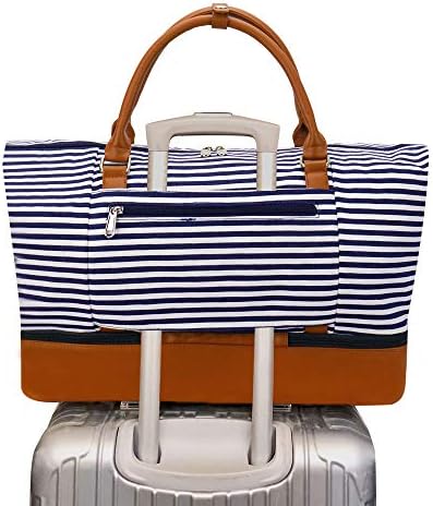 Weekender Bag Carry on Overnight Duffel for Women, Carrying Weedkend Travel Bags for Ladies, Large Canvas& PU Leather with Shoe Compartment Duffel (Blue Strips) 6 Weekender Bag Carry on Overnight Duffel for Women, Carrying Weedkend Travel Bags for Ladies, Large Canvas& PU Leather with Shoe Compartment Duffel (Blue Strips)