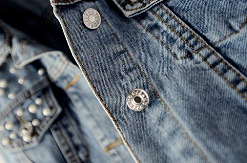 HJuyYuah Women's Blue Long Sleeve Denim Jacket Pocket Beading Casual Short Outwear Coat - Thumbnail 6