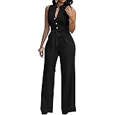 Sexy 3/4 Sleeve Jumpsuit for Women V Neck High Waisted Long Wide Leg Pant Button Down Party Romper with Belt