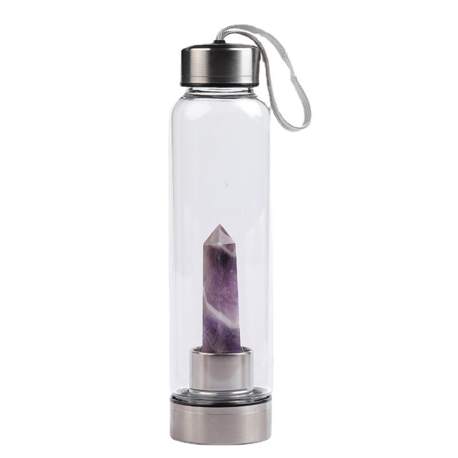 Queemie Amethyst Glass Water Bottle, Gemstone Center Infused Purple Crystal Sports Cup Obelisk Wand Energy Cup for Natural Wellness Healing