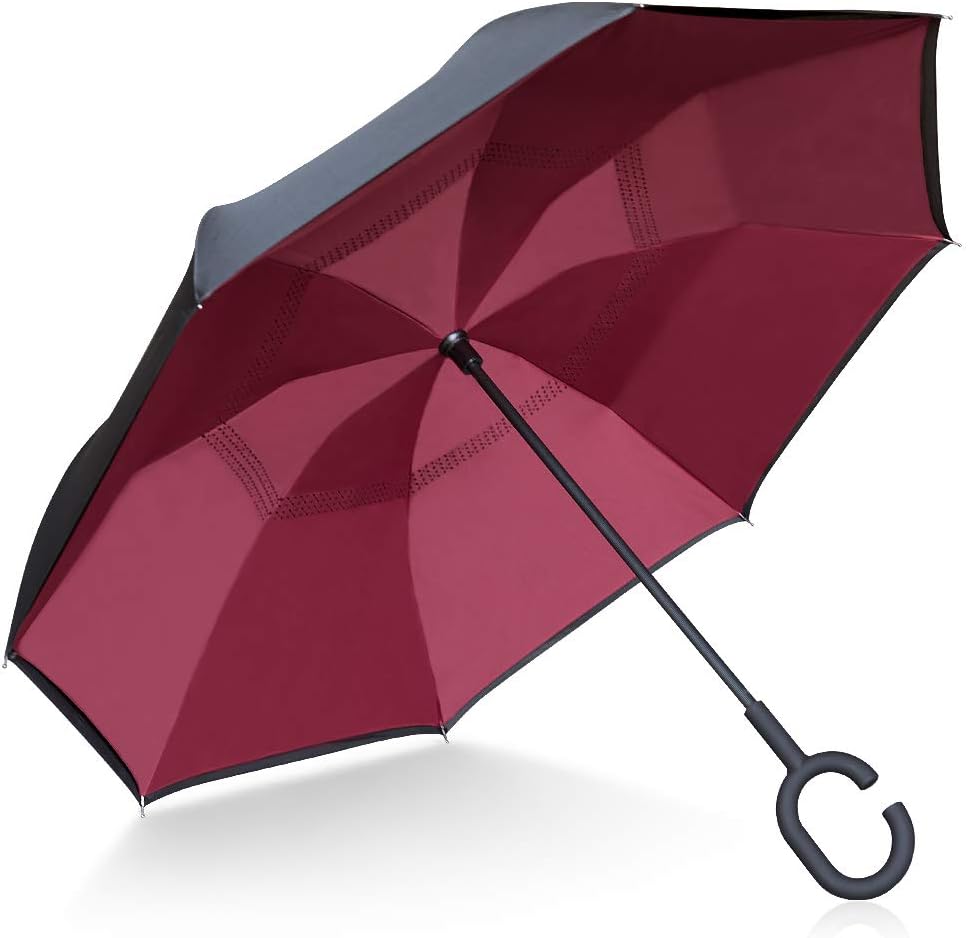TOOGE Umbrella Inverted/Reversible, Long Windproof Umbrella Double Layer Inside-Out Self-Standing for Women and Men with Carring Bag (Wine red)