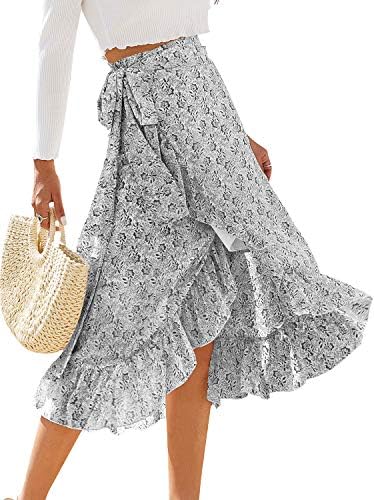 ThCreasa Womens Boho Floral Print High Waisted Wrap Skirts Ruffle
