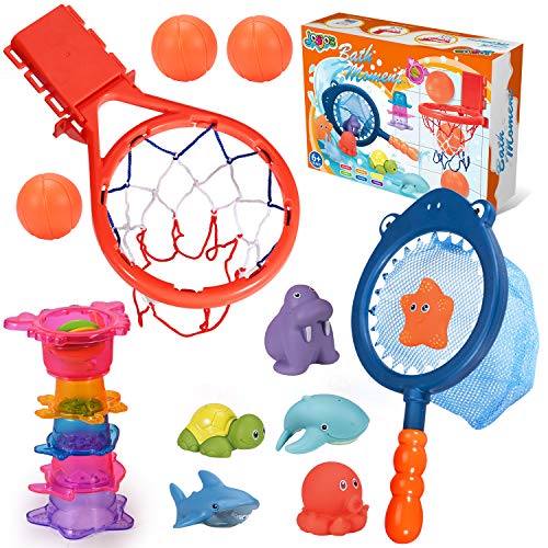 Joyjoz Bath Toys Basketball Hoop & Balls, Bathtub Toys Set with Fishing Net, 3 Basketballs, 6 Marine Animals, 5 Stacking Cups, Storage Bag for Kids & Toddlers Gift