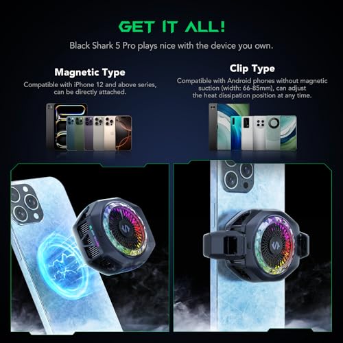 Black Shark Magnetic Phone Cooler 5 Pro - 18 Addressable RGB LEDs, Detachable Grip, APP-Controlled Thermostatic Cooling Fan for iPhone MagSafe/Android/iPad -Gaming/Streaming/Photography
