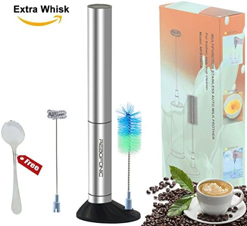 Milk Frother Wand Handheld Electric Whisk Battery Operated Foam Maker Portable Blender Mixer Foamer for Cappuccino Macchiato Coffee Frappe Latte Matcha Hot Chocolate, 2 Whisks Cleaning Brush and Stand
