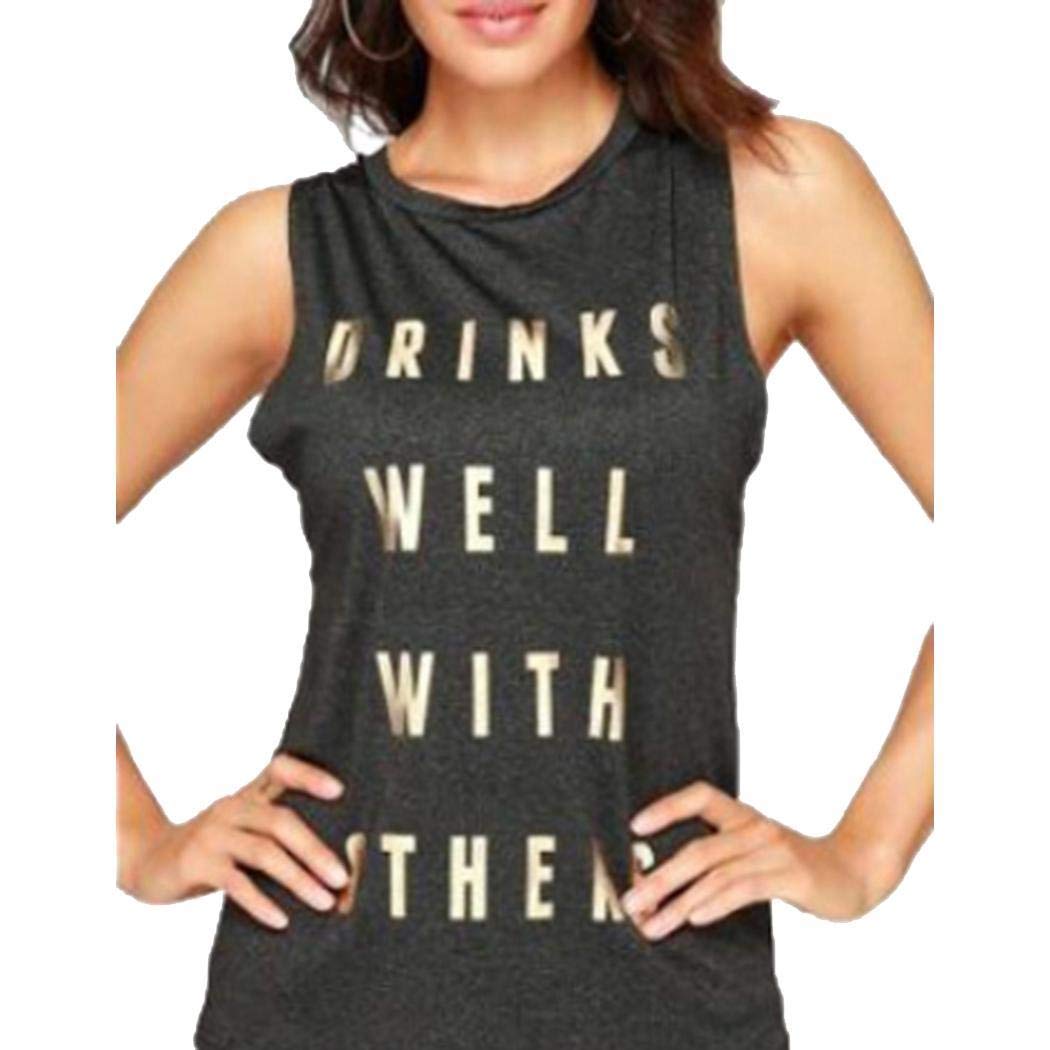 UpBeauty Women Summer Letter Printed O Neck Causal Tank Top Tanks & Camis S-3XL Grey