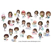 Lizzy Planner Stickers Sampler Sheet (2) each, choose skin tone, printed on matte sticker paper or Matte Vinyl Sticker Paper. Kiss cut, just peel and stick.