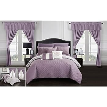 Chic Home Sigal 20 Piece Comforter Set Reversible Geometric Quilted Design Complete Bed in a Bag Bedding - Sheets Decorative Pillows Shams Window Treatments Curtains Included Queen Lavender