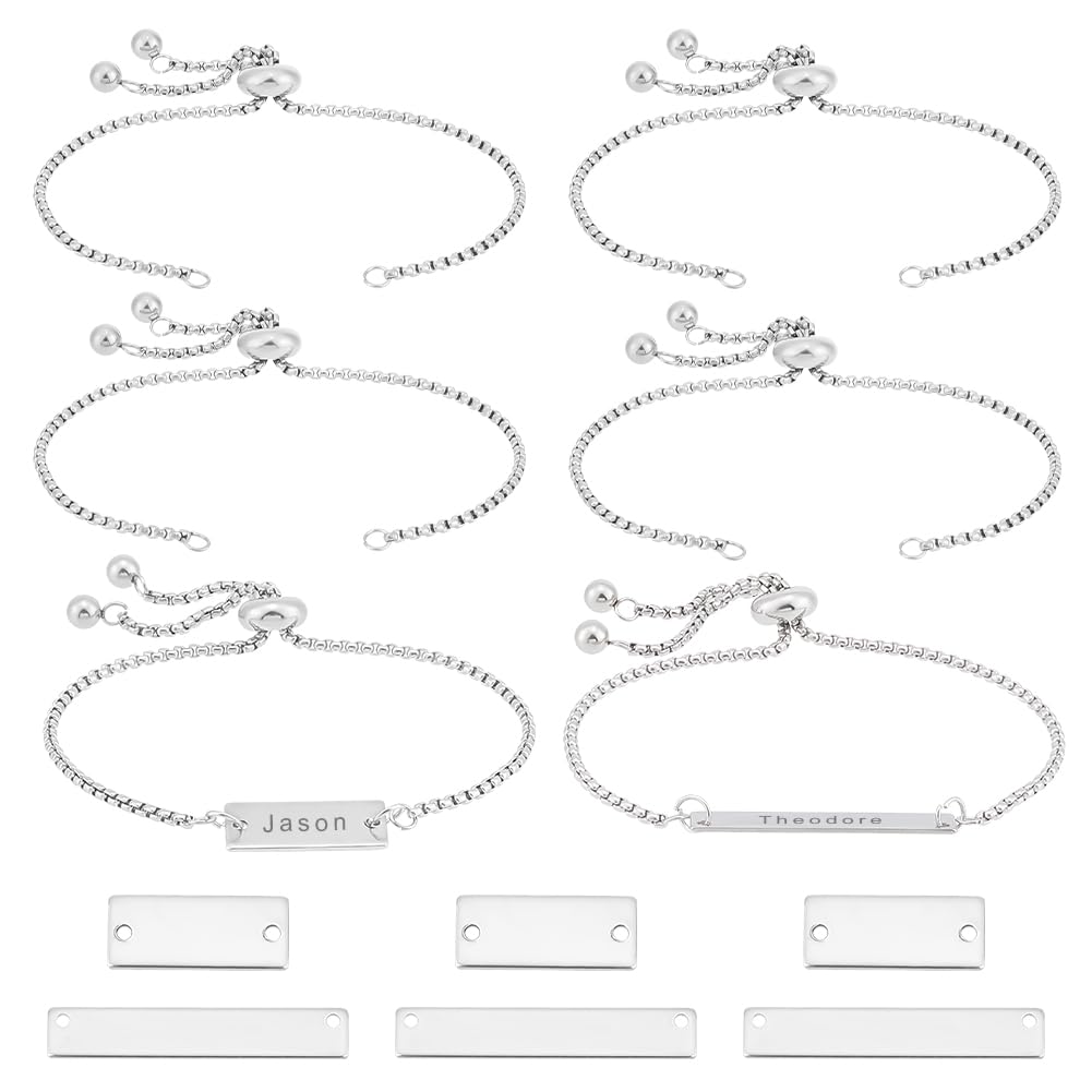 UNICRAFTALE About 8 Sets Stainless Steel DIY Stamping Rectangle Slider Bracelet Making Kit 2 Sizes Rectangle Engravable Blank Tags Links Connectors with Bracelets Chain for Bracelet Jewelry Making