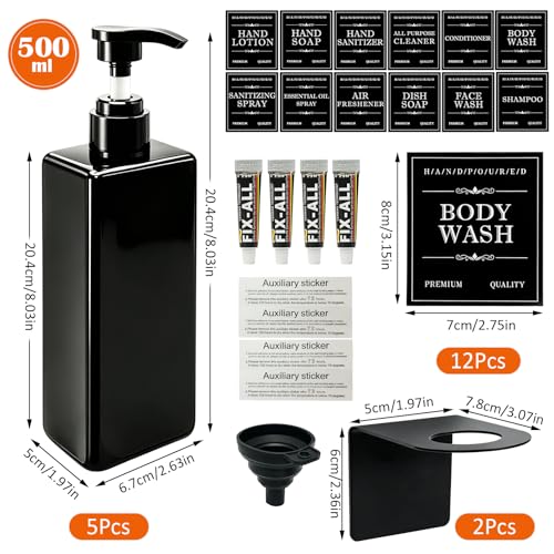 Prebarfun 5Pack Shampoo and Conditioner Dispenser, 500ml Wall Mounted Soap Dispenser, Refillable Shower Bottles, Plastic Pump Bottle with Funnel, Waterproof Labels, for Bathroom, Kitchen,Hotel (Black)