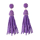 NLCAC Women's Beaded tassel earrings Long Fringe Drop Earrings Dangle Purple