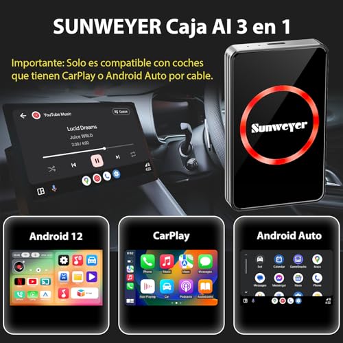 Sunweyer 2025 Wireless CarPlay Adapter for Android Auto Streaming Box SW12 Pro with Netflix, Youtube, Hulu, App Installation - AI Box, Dual WiFi, HDMI, LED Ambient Light (SW12 Pro)