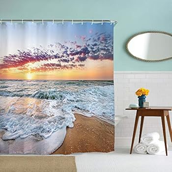 Eleroye 72 x 78 inches Shower Curtain Beautiful Sunset at Beach Gold Sky Blue Sea Water Soap Resistant Machine Washable Fabric Bathroom Decor Set with Hook Bath Curtain
