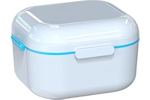 BVN Denture Case Denture Cup for Soaking Dentures Retainer Cleaner Case with Mirror Mouth Guard Case False Teeth Container White Blue
