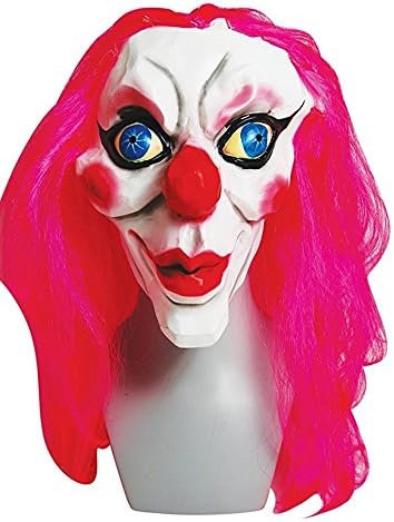 Creepy Clown Latex Mask with Pink Wig in Surrealist Design Halloween Costume Accessory, Standard One Size