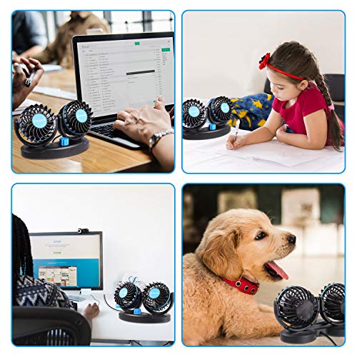 EXCOUP USB Fan with 2 Speeds, Adjustable Mini Car Fan, Table Fan DC 5V Dual Head Rotatable