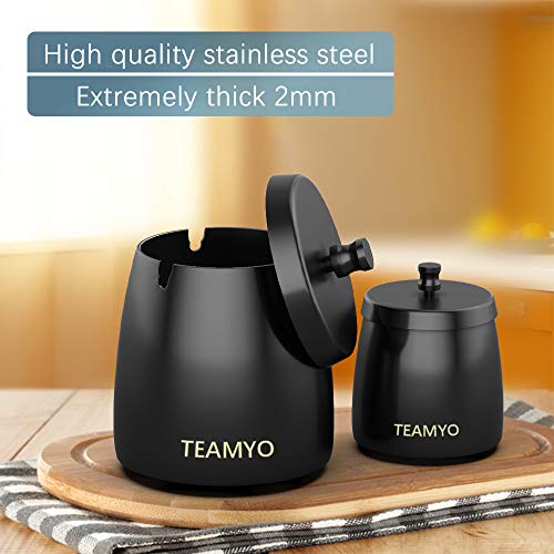 Teamyo Ashtray, Ashtray with Lid, Stainless Steel Ashtray Tabletop with Large Capacity, Ashtray Ash Holder Windproof, Indoor & Outdoor Use, Ashtray Stand for Home Office Decoration (Black, Big)