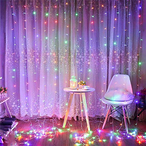 304 LED Window Curtain String Light, 9.8ft x 9.8ft, 8 Modes Setting Wedding Christmas Girls Bedroom Outdoor Indoor Wall Decoration Party Home Garden (Colorful)