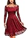 MISSMAY Women's Vintage Floral Lace Long Sleeve Boat Neck Cocktail Party Swing Dress (Small, A-red)
