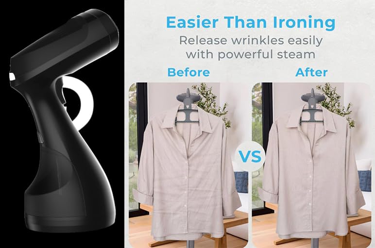 Garment Steamer, 1500W Travel Steamer with 300ml Detachable Water Tank, Fast 30s Heat-Up, Auto-Off, Handheld Steamer for Wrinkle Removal on Clothes, Garments, and Fabrics Black