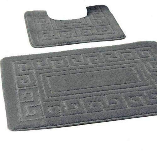 QM-Bedding® Luxury Bath Mat Set 2 Piece Non Slip Rubber Pedestal Mat Toilet Greek Bathroom Rugs (Dark Grey/Charcoal)