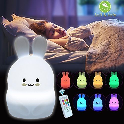 Baby Night Light, Kids Cute Portable Nursery LED Lamp, Silicone Soft Touch Tap Control USB Rechargeable, 3 Light Modes 8 Breathing Colors Timing Function by cToy (Bunny-Tap Control + Remote Control)