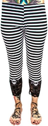 Jessica Louise Skull Capri Legging L Black White Stripe