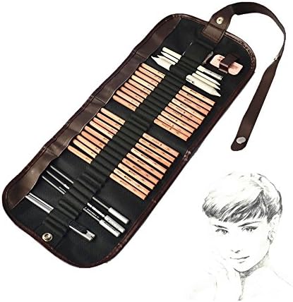 iBayam 18 Pieces Pen Charcoal Sketch Set Sketching Pencil Set of Pencils Eraser Craft Knife Pencil Extender Roll up Canvas Carry Pouch Pro Art Supply for Beginners Artist