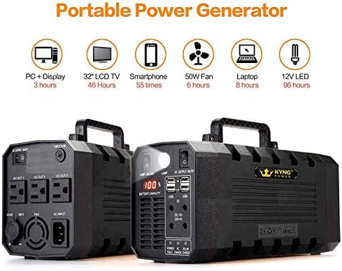 KYNG Power 500W Portable Solar Generator Power Station Battery Powered Back Up Generator Inverter 12V, 3 AC, 4 USB Outlets FREE Solar Panel Cable, Camping, Emergency, CPAP, Outdoor Rechargeable Supply