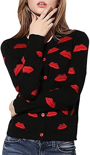 Hellofashion Women's Cropped Design Tops Single Breasted Embroided Ribbed Pullover Sweater Black Asian L/US 6(Bust:34.6")