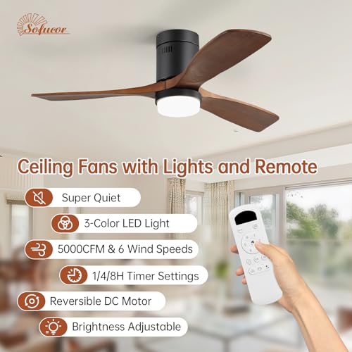 Sofucor Wood Ceiling Fan with Light 132 cm, 6 Speeds, Control, Timer, DC Motor, LED Silent Ceiling Fan with Lamp for Bedroom Living Room