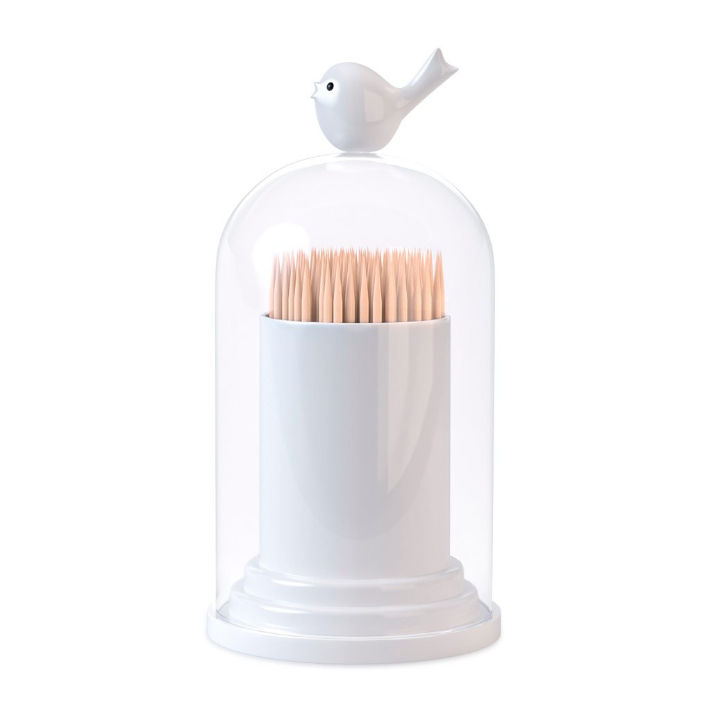 Balvi - Birdie toothpick holder and cotton buds dispenser with little bird in white color