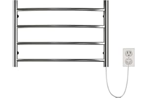 SHARNDY Towel Warmer Polished Chrome for Bathroom Wall Mounted Bath Towel Heater Plug-in Electric Heated Towel Rack Stainless Steel Curved Round 4 Bars Drying Rack ETW29 40W 16.54x23.62x5.51 inches