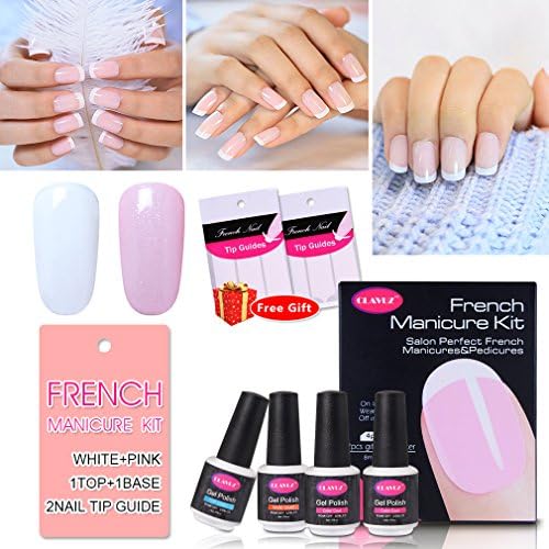 French Manicure Kit Nail Gel Polish Top Coat and Base Coat Pink White Nail Lacquers DIY Nail Art at Home Nail Sticker Gift Box Set by CLAVUZ